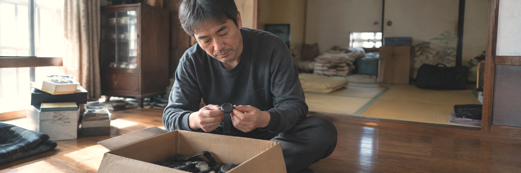畳の部屋で、箱から取り出したG-SHOCKを手に取って確かめる50代の男性