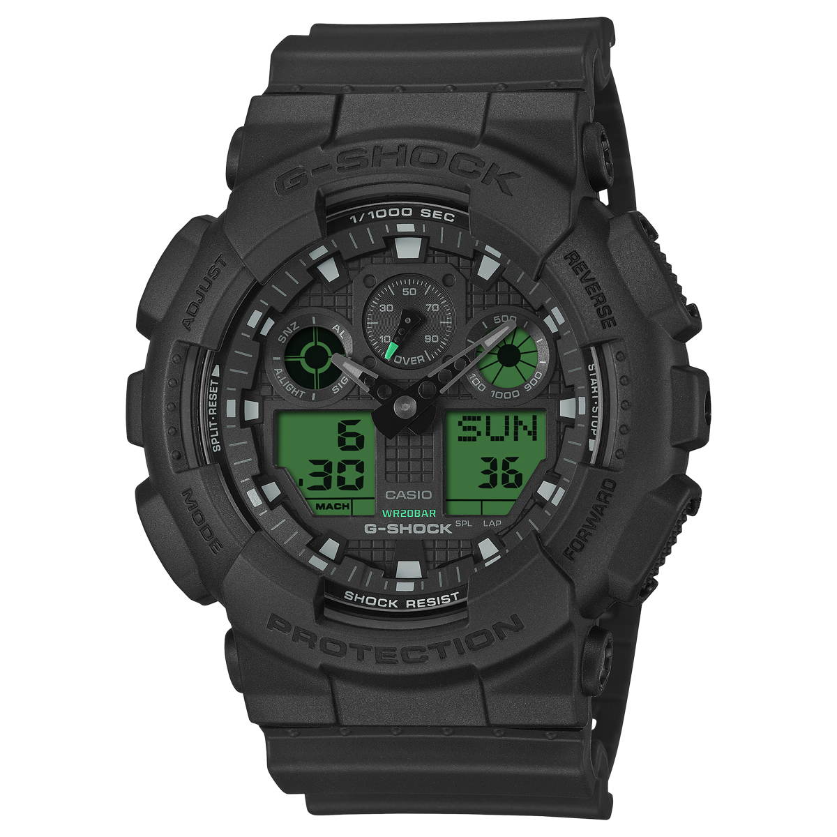 G-SHOCK GA-100BEG-1AJF 黒いアナデジ、液晶部分がエレクトログリーン