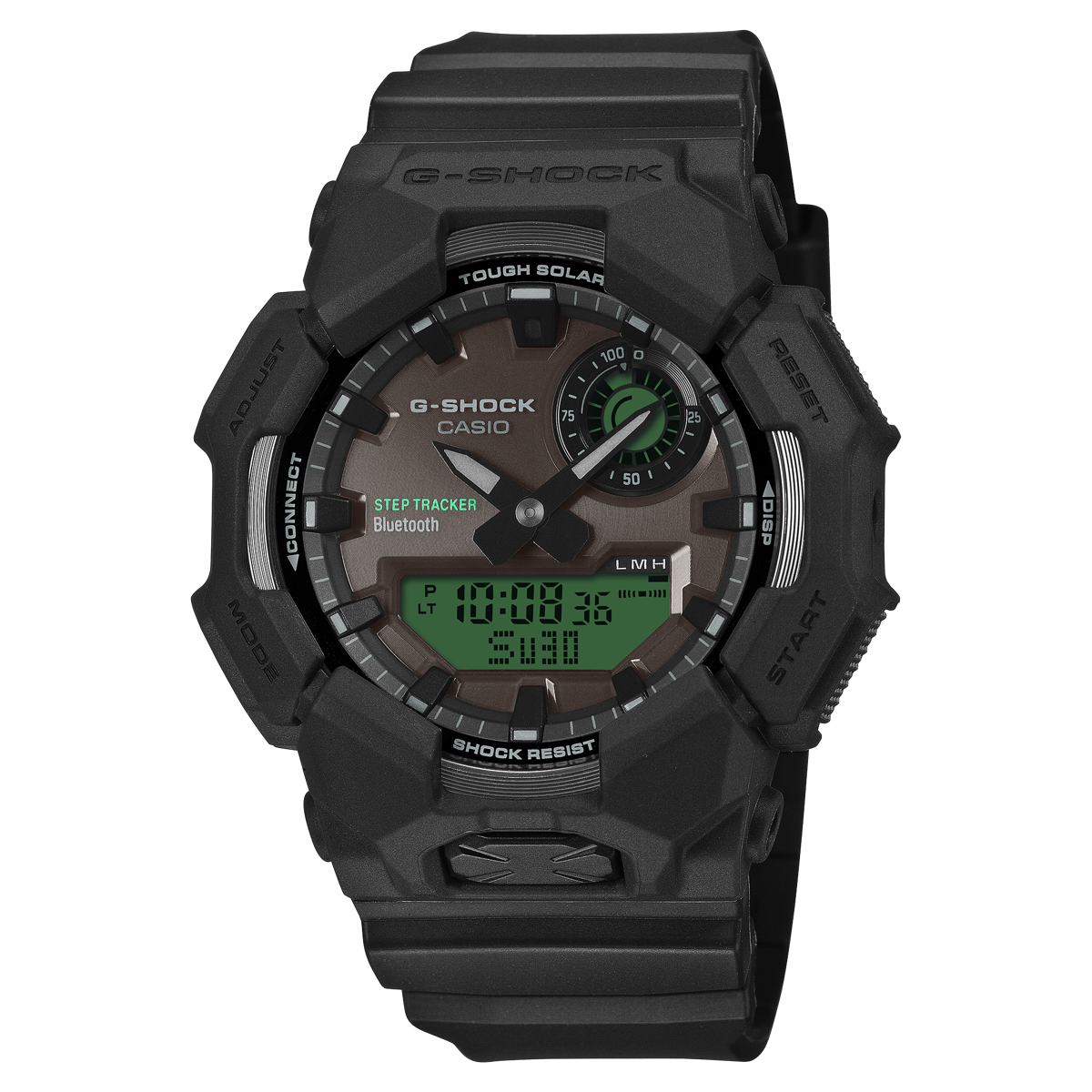 G-SHOCK GA-B010BEG-1AJF 歩数計つきの黒いアナデジ、液晶がエレクトログリーン