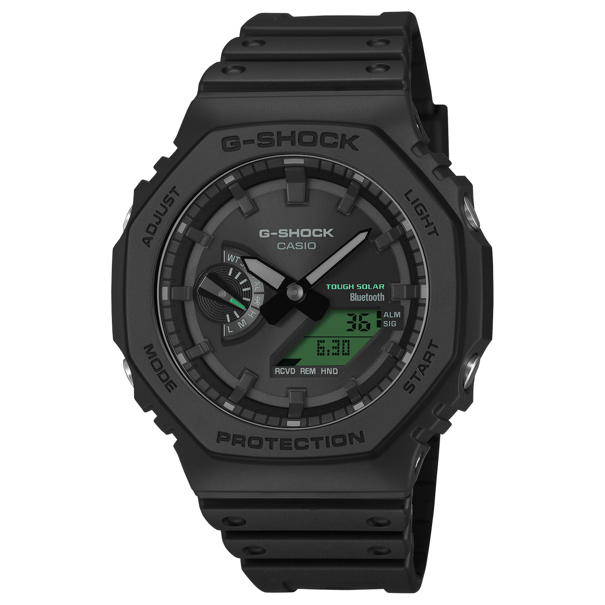 G-SHOCK GA-B2100BEG-1AJF 八角ベゼルの黒いアナデジ、液晶がエレクトログリーン