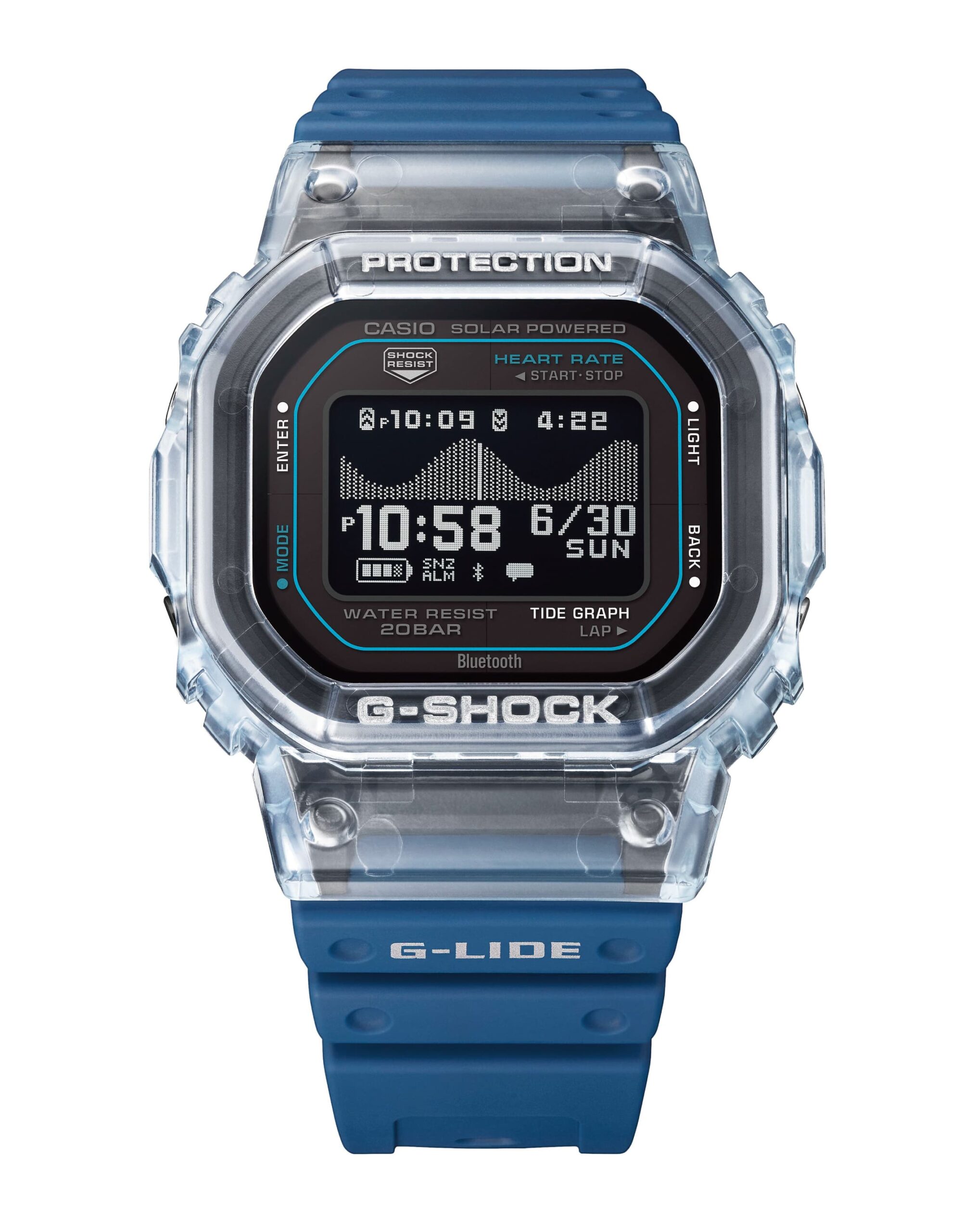 G-SHOCK G-LIDE GBX-H5600-2 樹脂バンドのモデル。文字板にWATER RESIST 20BARの表記