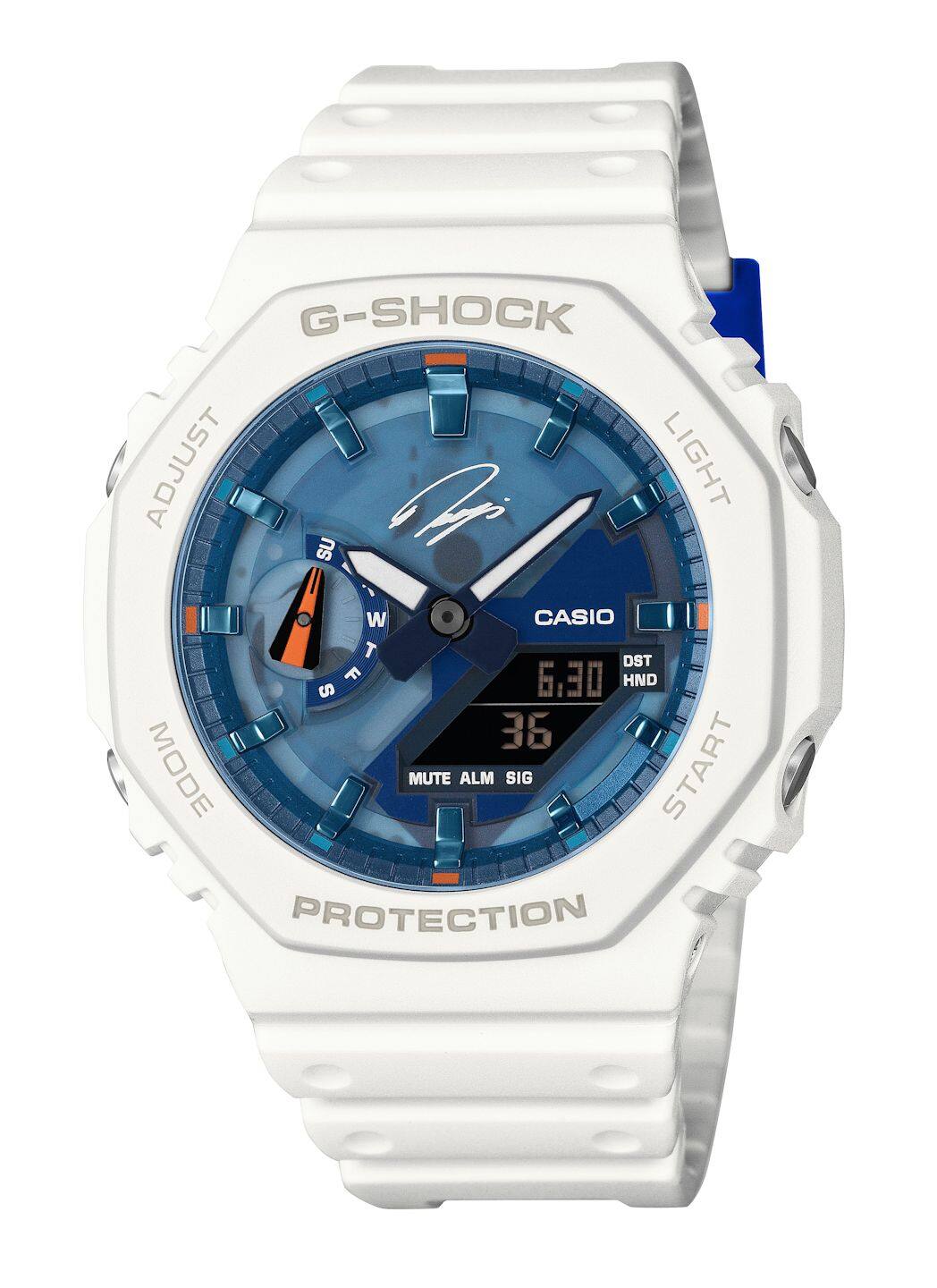 八角形のG-SHOCKのケースに印刷されたADJUST・MODE・LIGHT・STARTの文字