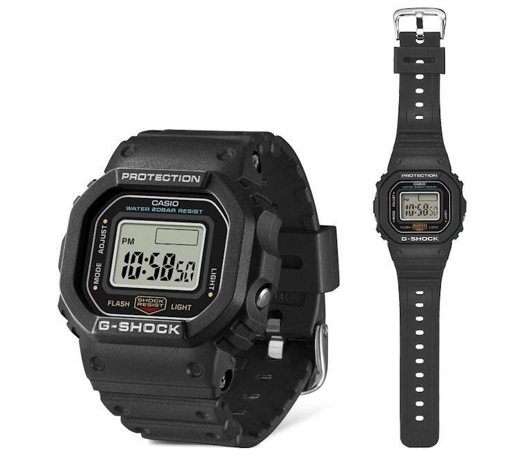 スクエア型のG-SHOCKのケースに印刷されたADJUST・MODE・FLASH・LIGHTの文字
